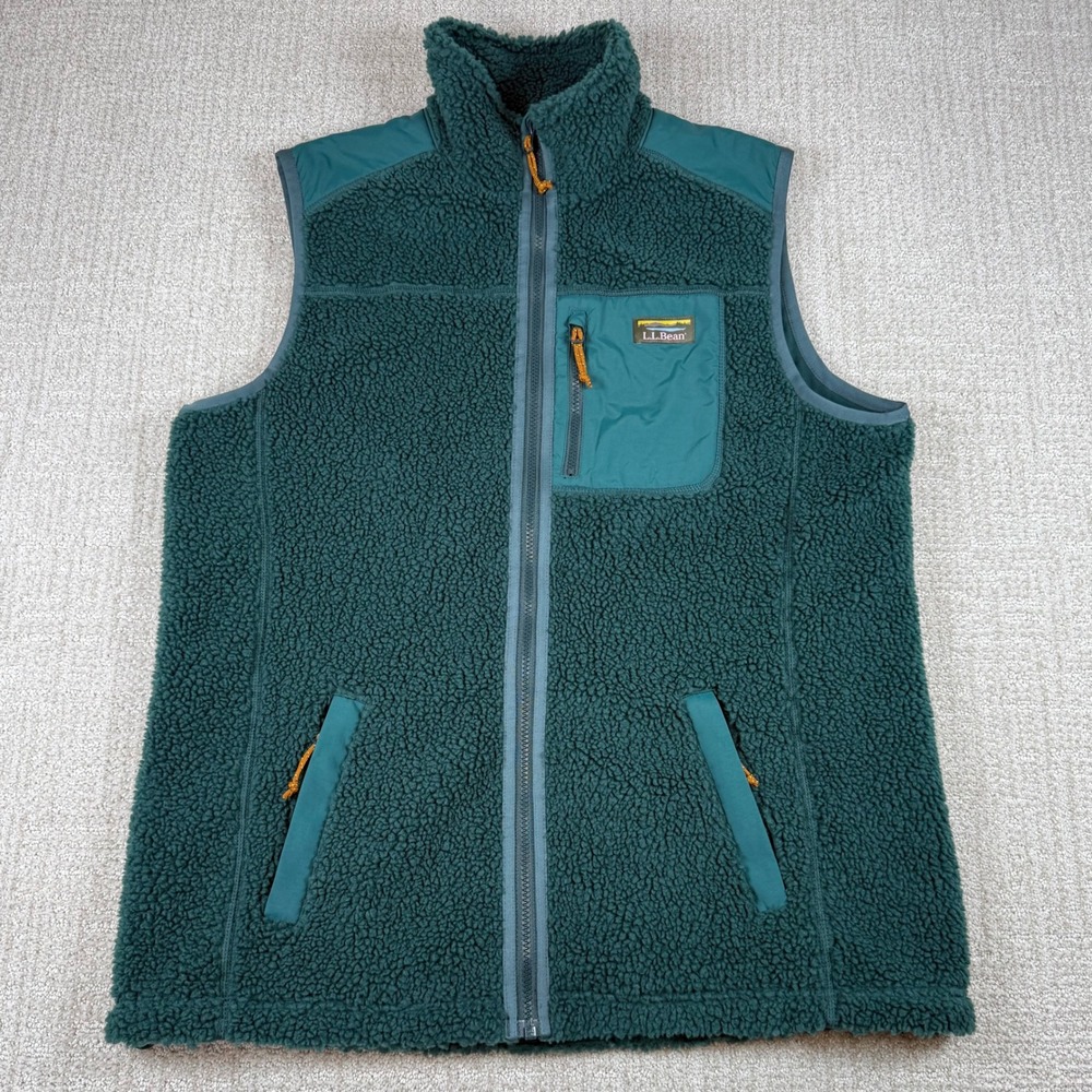 LL Bean Men Large Tall Green Sherpa Fleece Full Zip Mountain Classic Vest 519835 - Picture 2 of 8